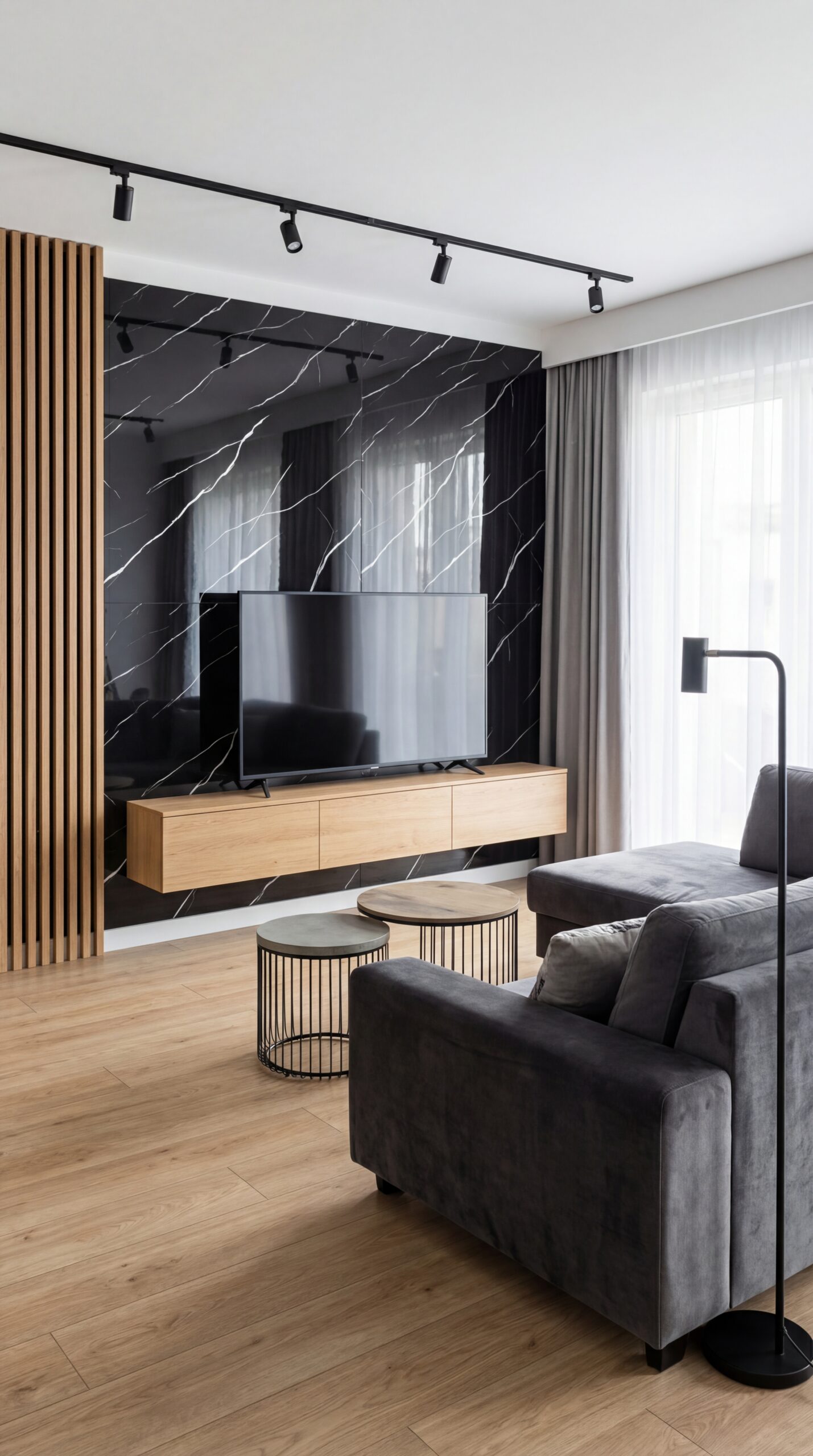 Panele marmurowe PCV Nero Marquina w salonie jako ściana TV za telewizorem
