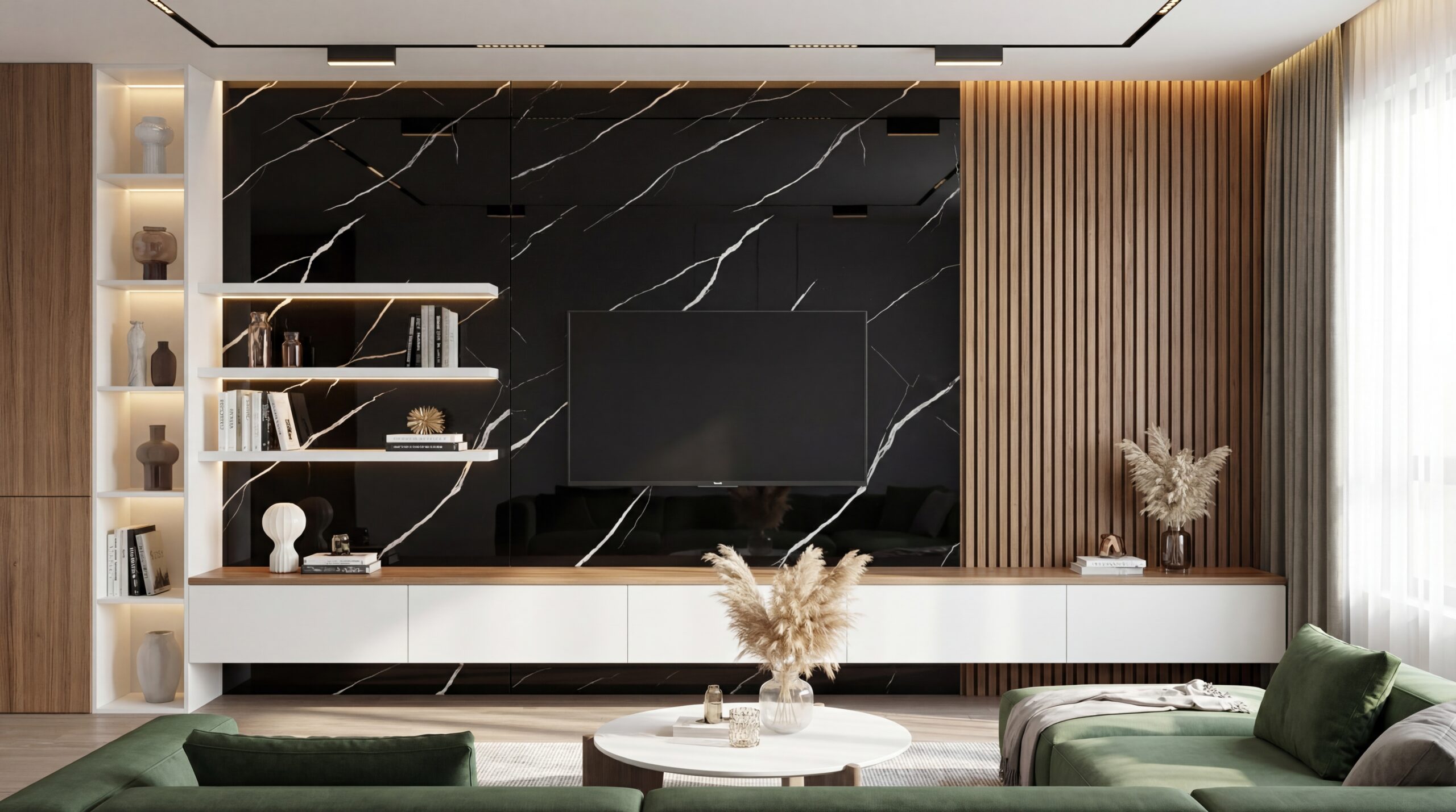 Nowoczesny salon z czarną ścianą z panelu ściennego PCV w efekcie marmuru i lamelami drewnianymi przy strefie RTV