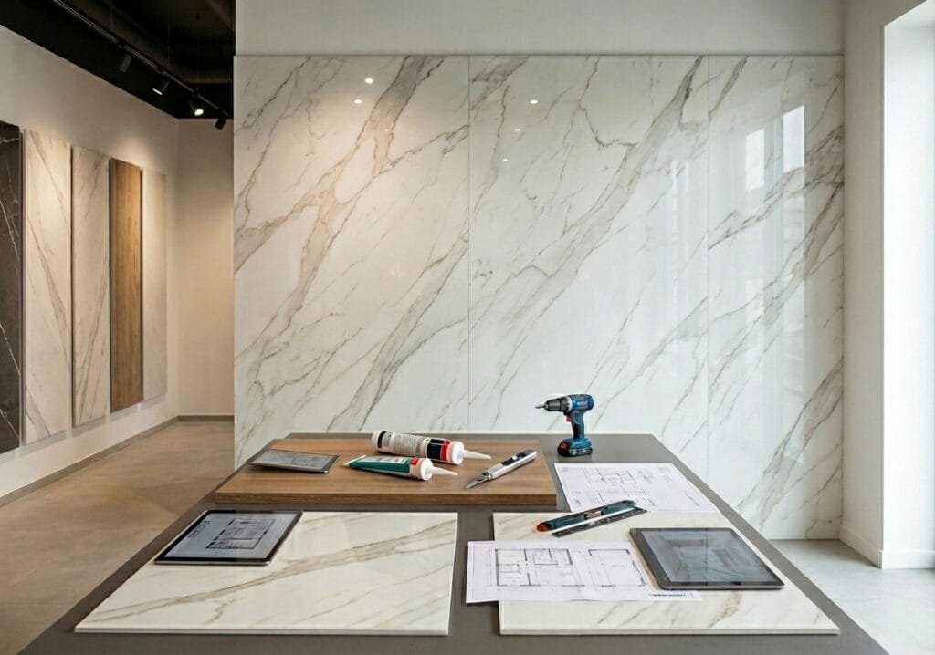 Ekspozycja paneli ściennych PCV imitujących marmur w showroomie, stół z próbkami, narzędziami i planami