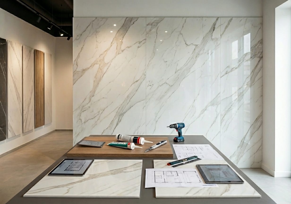 Ekspozycja paneli ściennych PCV imitujących marmur w showroomie, stół z próbkami, narzędziami i planami
