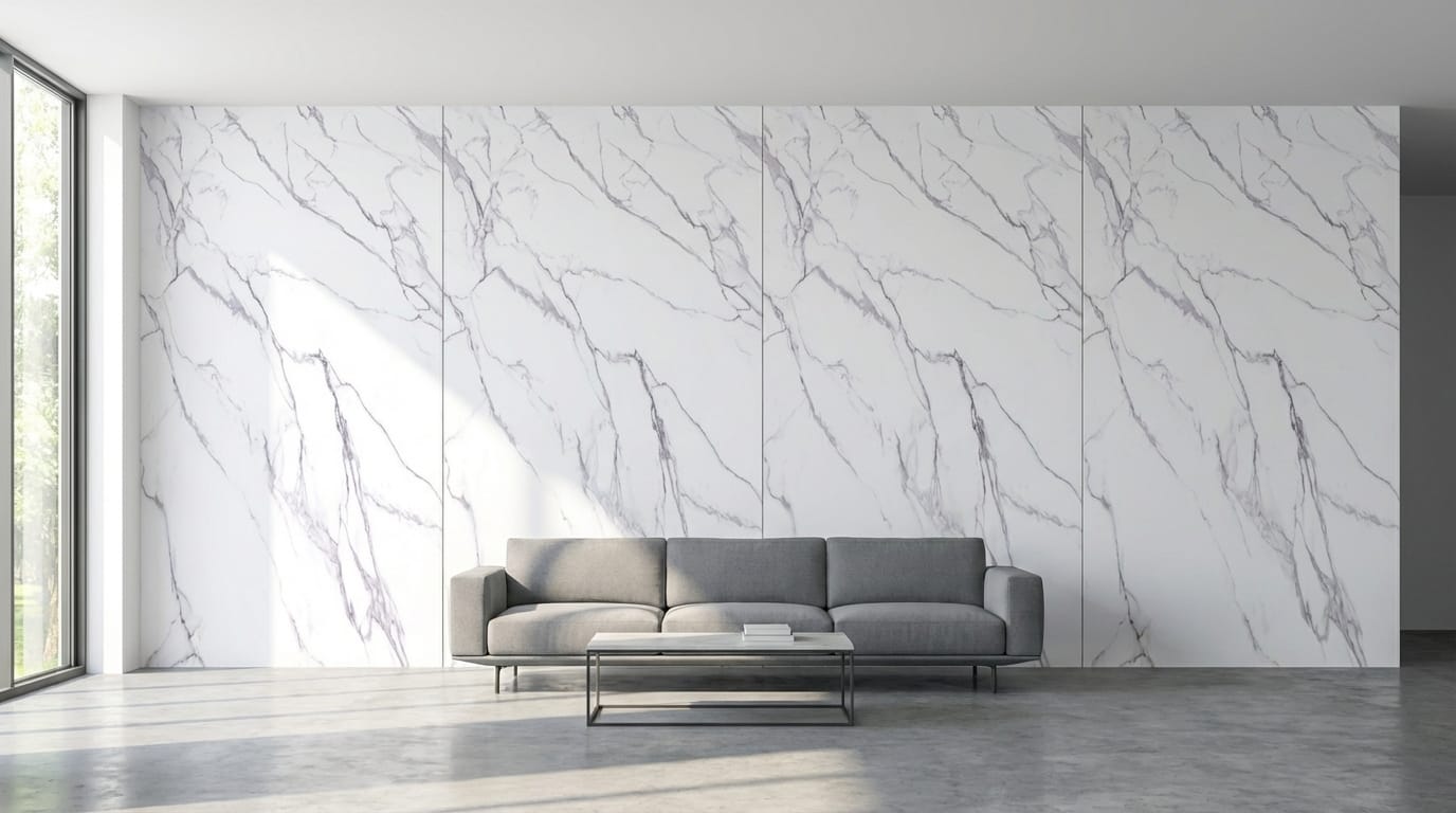 Salon z białymi panelami ściennymi PCV marmur Calacatta – duża ściana w marmurowy wzór i szara sofa