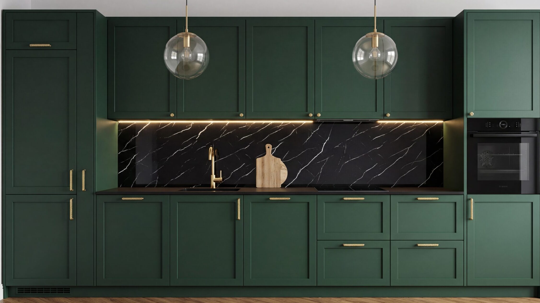 Panele marmurowe PCV Nero Marquina w kuchni jako pas nad blatem z podświetleniem LED