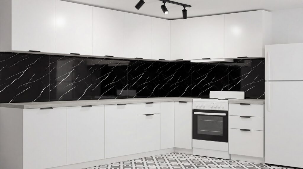 Panele marmurowe PCV Nero Marquina w kuchni – czarny pas nad blatem z białym użyleniem