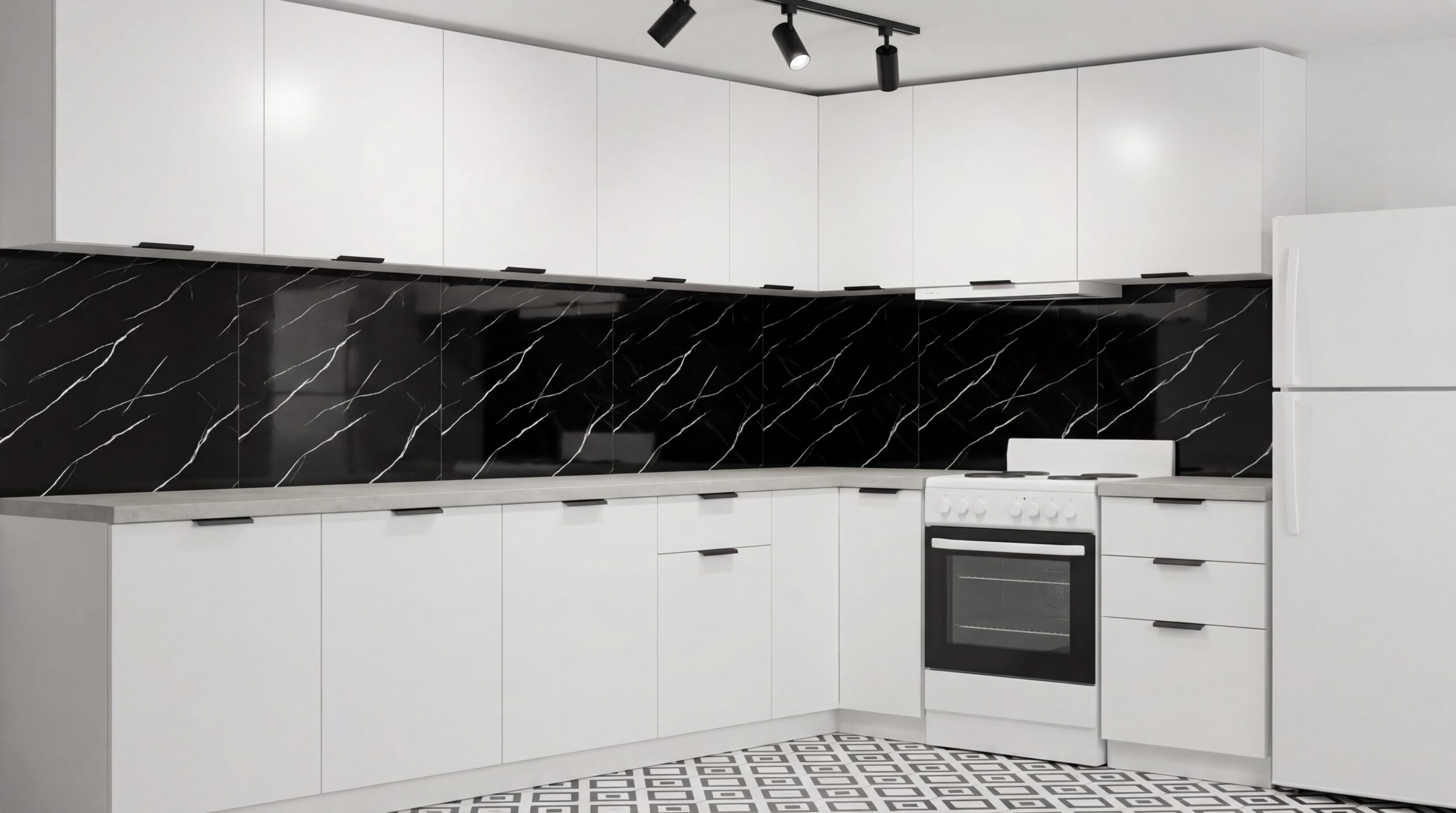 Panele marmurowe PCV Nero Marquina w kuchni – czarny pas nad blatem z białym użyleniem