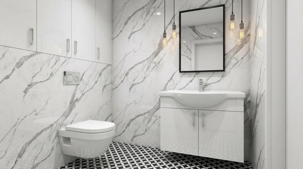 Łazienka wykończona panelami marmurowymi PCV – biały marmur z szarym użyleniem