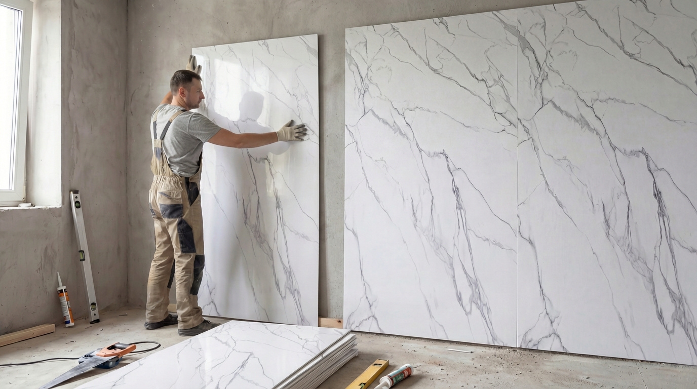 Montaż paneli marmurowych PCV na ścianie w trakcie prac wykończeniowych