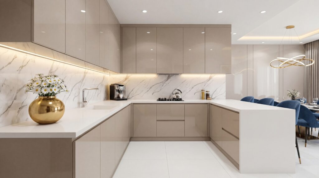 Nowoczesna kuchnia z panelem ściennym PCV w białym marmurze jako backsplash nad blatem