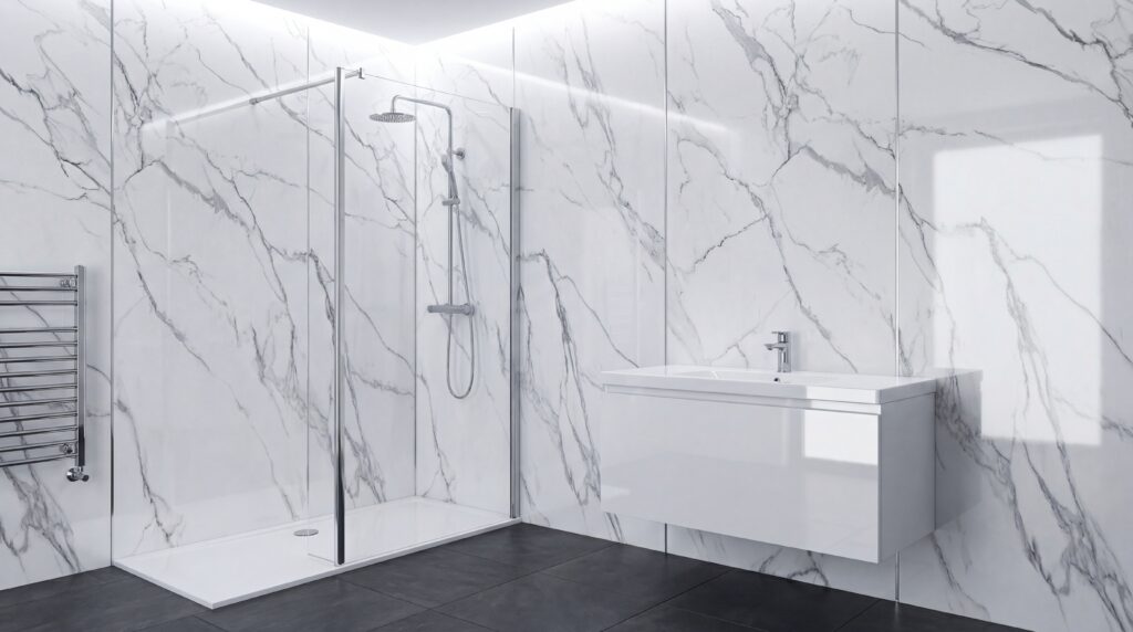 Łazienka z panelami marmurowymi PCV – białe ściany w marmur i prysznic walk-in