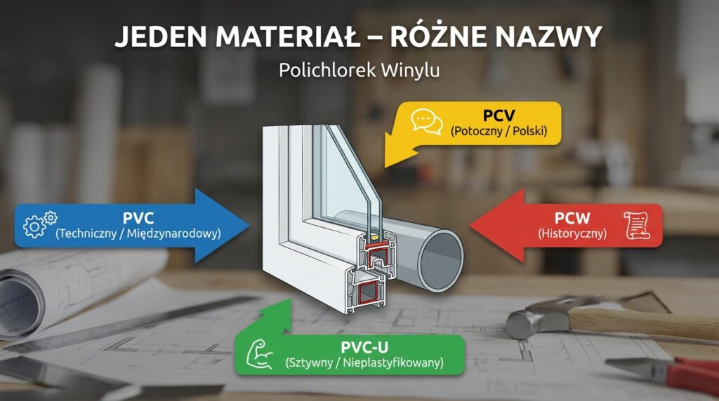 Panele marmurowe PCV – infografika: jeden materiał (polichlorek winylu) i różne nazwy: PVC, PCV, PCW oraz PVC-U