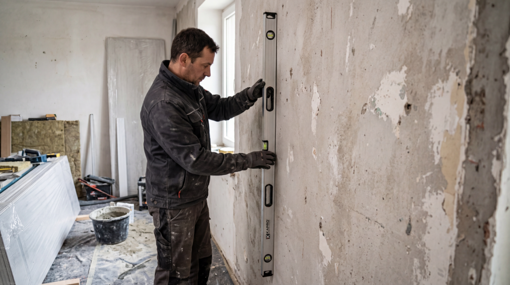 Mężczyzna sprawdzający pion betonowej ściany długą poziomicą przed montażem paneli PCV.