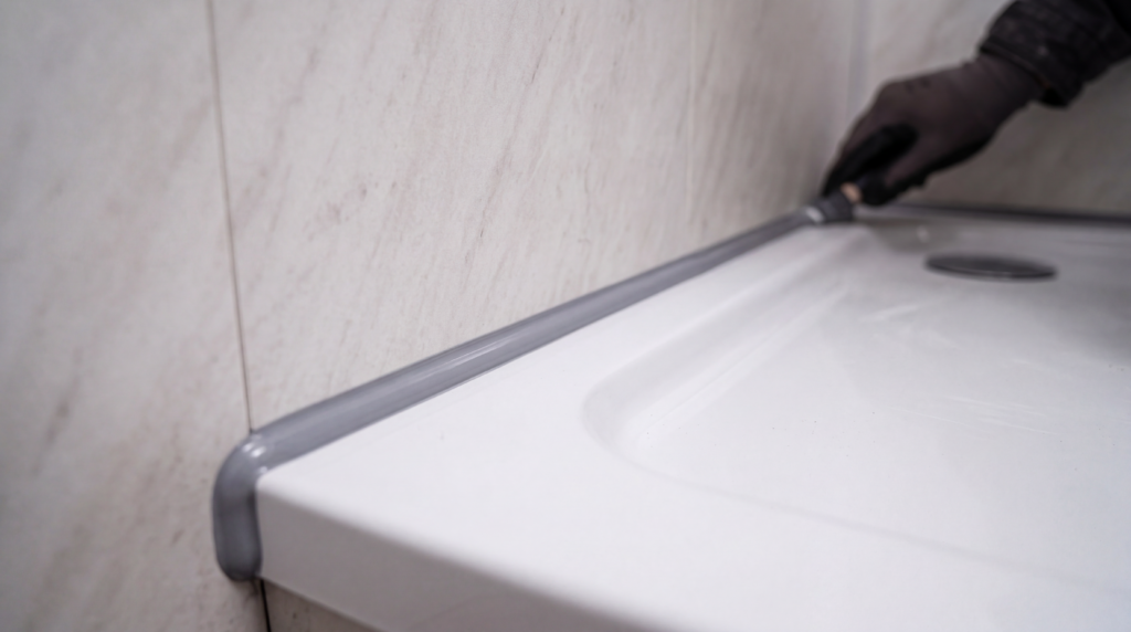 Wykańczanie krawędzi paneli ściennych PCV przy brodziku za pomocą szarego uszczelniacza lub silikonu.