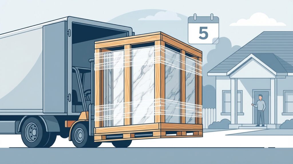 Ilustracja przedstawiająca bezpieczny transport i dostawę paneli ściennych PCV w solidnej drewnianej skrzyni.