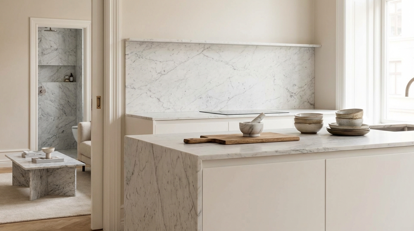 Nowoczesna kuchnia i widok na łazienkę w stylu marmurowy total look z białym marmurem Carrara.