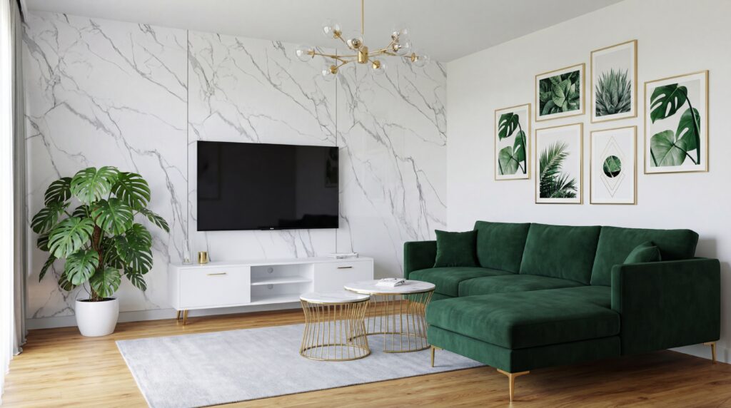 Jasne panele ścienne PCV wzór biały marmur w salonie z zieloną kanapą i roślinami doniczkowymi.