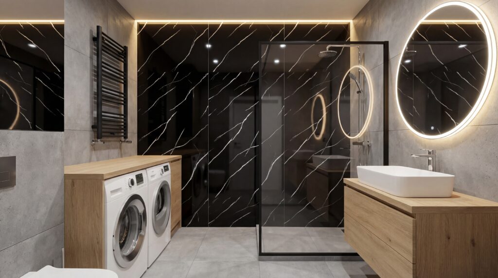 Wodoodporne panele ścienne PCV czarny marmur w łazience z drewnianą zabudową pod pralkę i okrągłym lustrem.