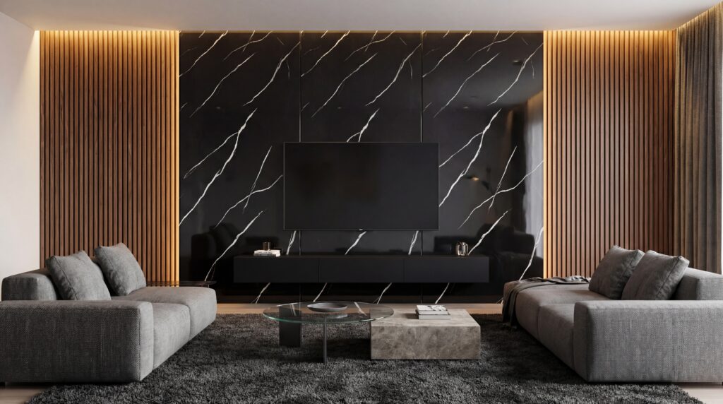 Panele ścienne PCV czarny marmur klasyczny w nowoczesnym salonie z szarymi sofami i oświetleniem LED.