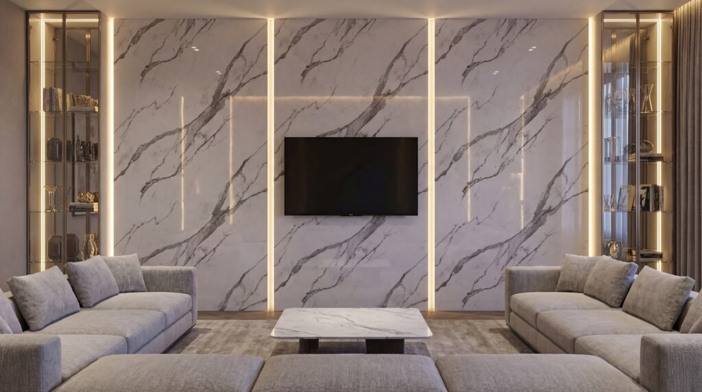 Panele ścienne PCV wzór klasyczny marmur w nowoczesnym salonie z oświetleniem LED i szarymi kanapami.