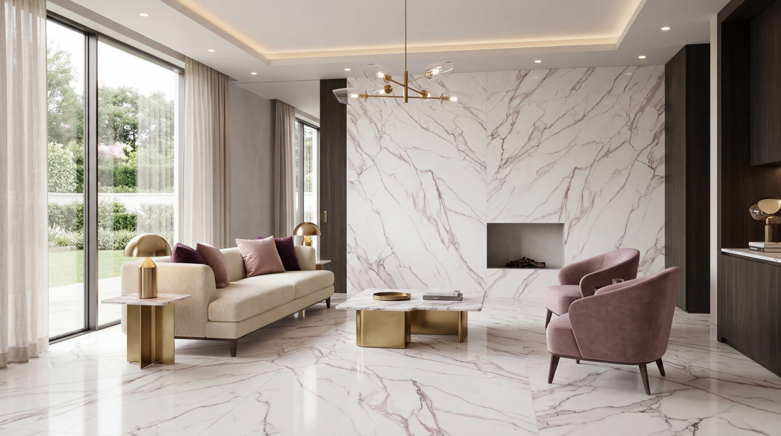 Jasny, nowoczesny salon z dużymi oknami. Na ścianie i podłodze znajdują się wielkoformatowe panele imitujące biały marmur z wyraźnymi, fioletowo-bordowymi żyłami. Wnętrze zdobi kremowa sofa, różowe welurowe fotele i złote stoliki.