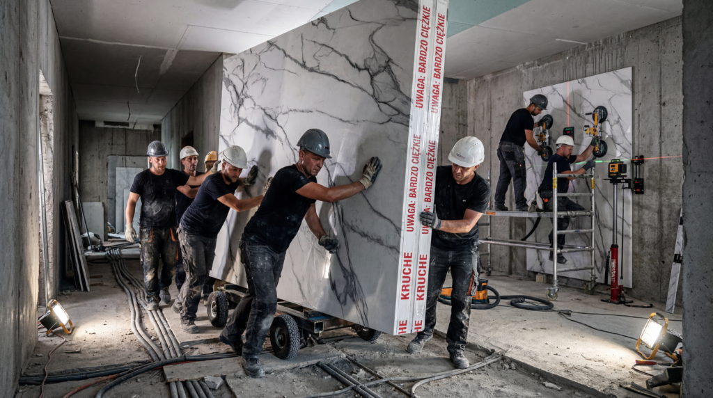 Ekipa budowlana w kaskach transportuje na specjalnym wózku ogromną, ciężką płytę jasnego marmuru zabezpieczoną taśmami. W tle inni pracownicy na rusztowaniu montują podobną płytę wielkoformatową na betonowej ścianie przy użyciu profesjonalnych przyssawek i poziomicy laserowej.