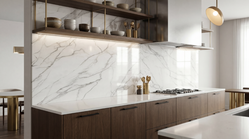 Luksusowa aranżacja nowoczesnej kuchni z jednolitą ścianą i fartuchem z ciągłego marmuru Calacatta. Dolne szafki z ciemnego drewna z czarnymi uchwytami. Widać otwarte półki z mosiężnymi wspornikami, naczynia, płytę gazową i okap. Oświetlenie LED pod półkami.