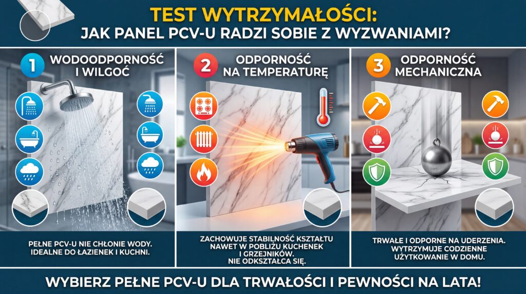 Test wytrzymałości panelu PCV-U pokazujący odporność na wilgoć, temperaturę i uderzenia
