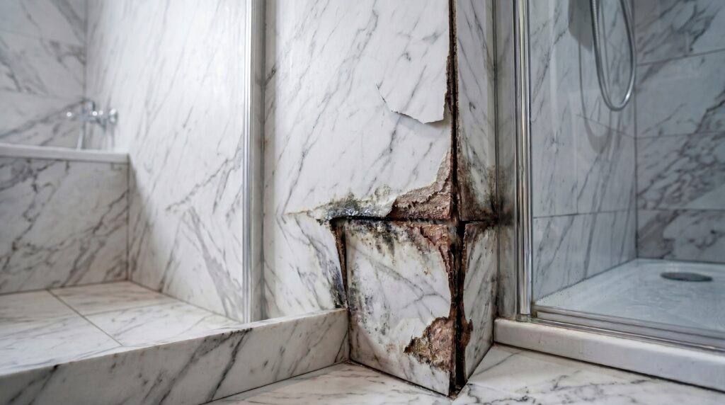 Uszkodzony panel ścienny imitujący marmur w strefie prysznica po działaniu wilgoci