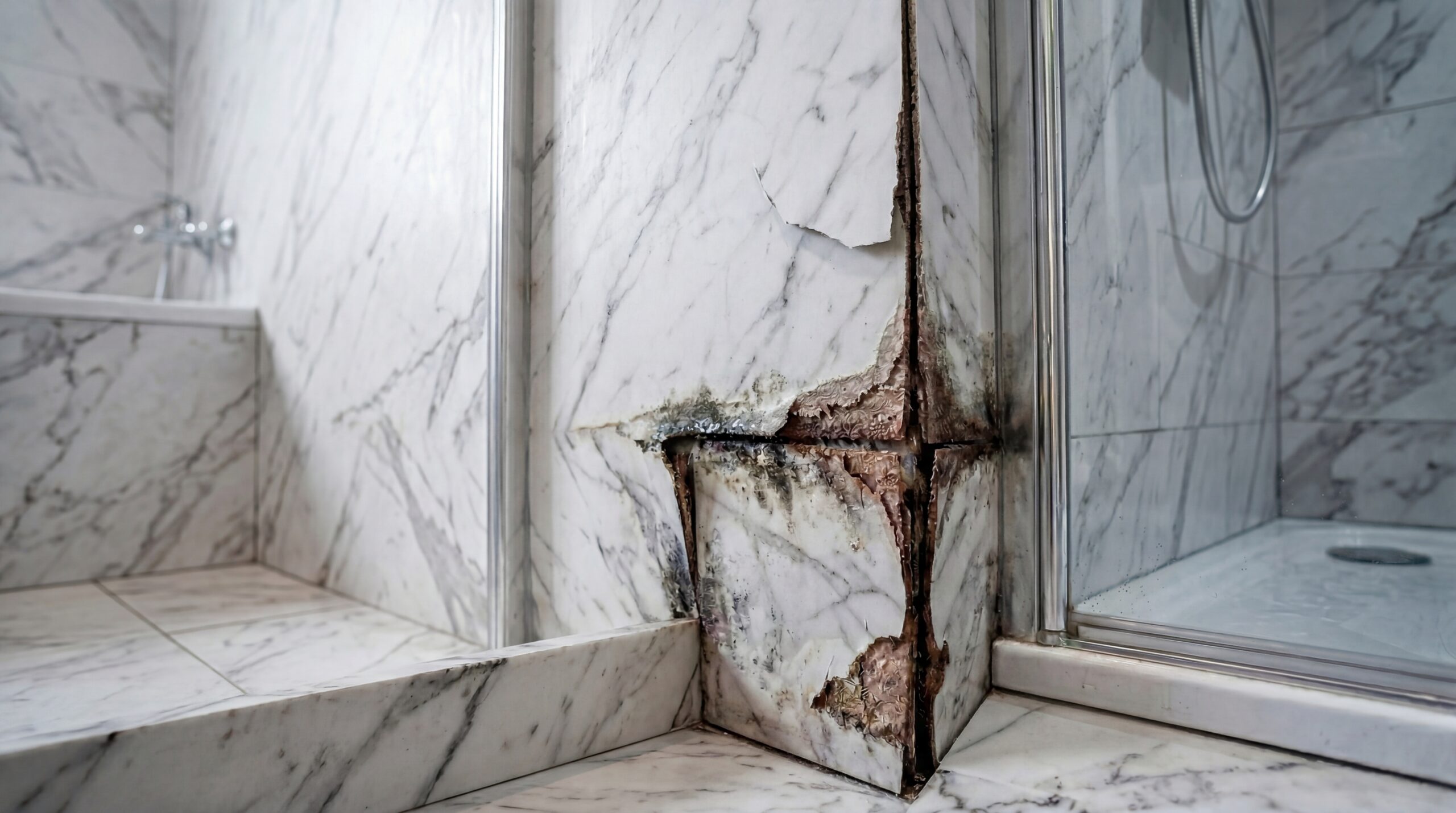 Uszkodzony panel ścienny imitujący marmur w strefie prysznica po działaniu wilgoci