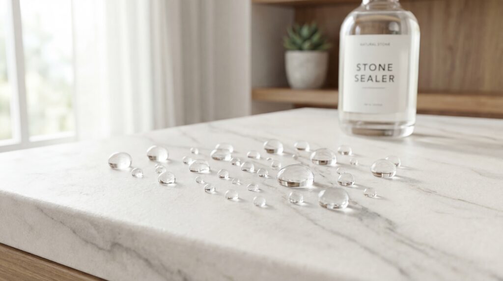 Krople wody utrzymujące się na powierzchni jasnego blatu, którego materiałem jest elegancki marmur calacatta. W tle widoczna jest butelka preparatu impregnującego Stone Sealer.
