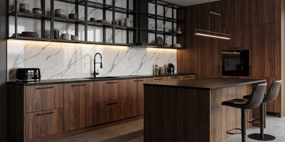 Biała ściana z panelu ściennego PCV w marmurze jako backsplash w kuchni z drewnianą zabudową i wyspą