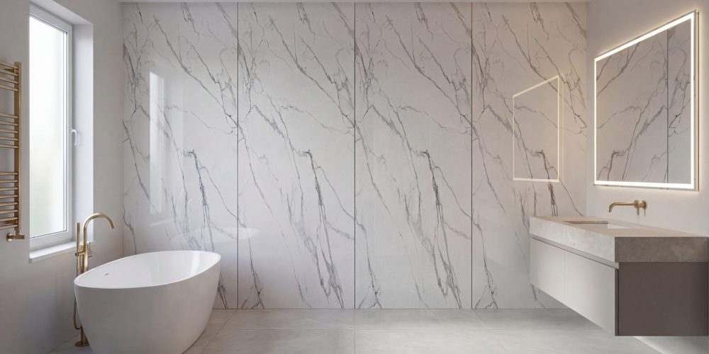 Łazienka z białymi panelami ściennymi PCV marmur Calacatta – ściana w marmurowy wzór, wanna wolnostojąca
